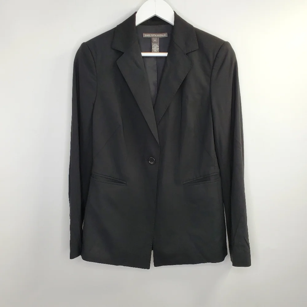 Saks Fifth Ave Black Wool One Button Blazer Career